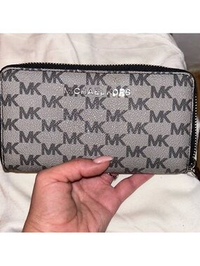Michael Kors Gray/Taupe MK Logo Zip Wallet